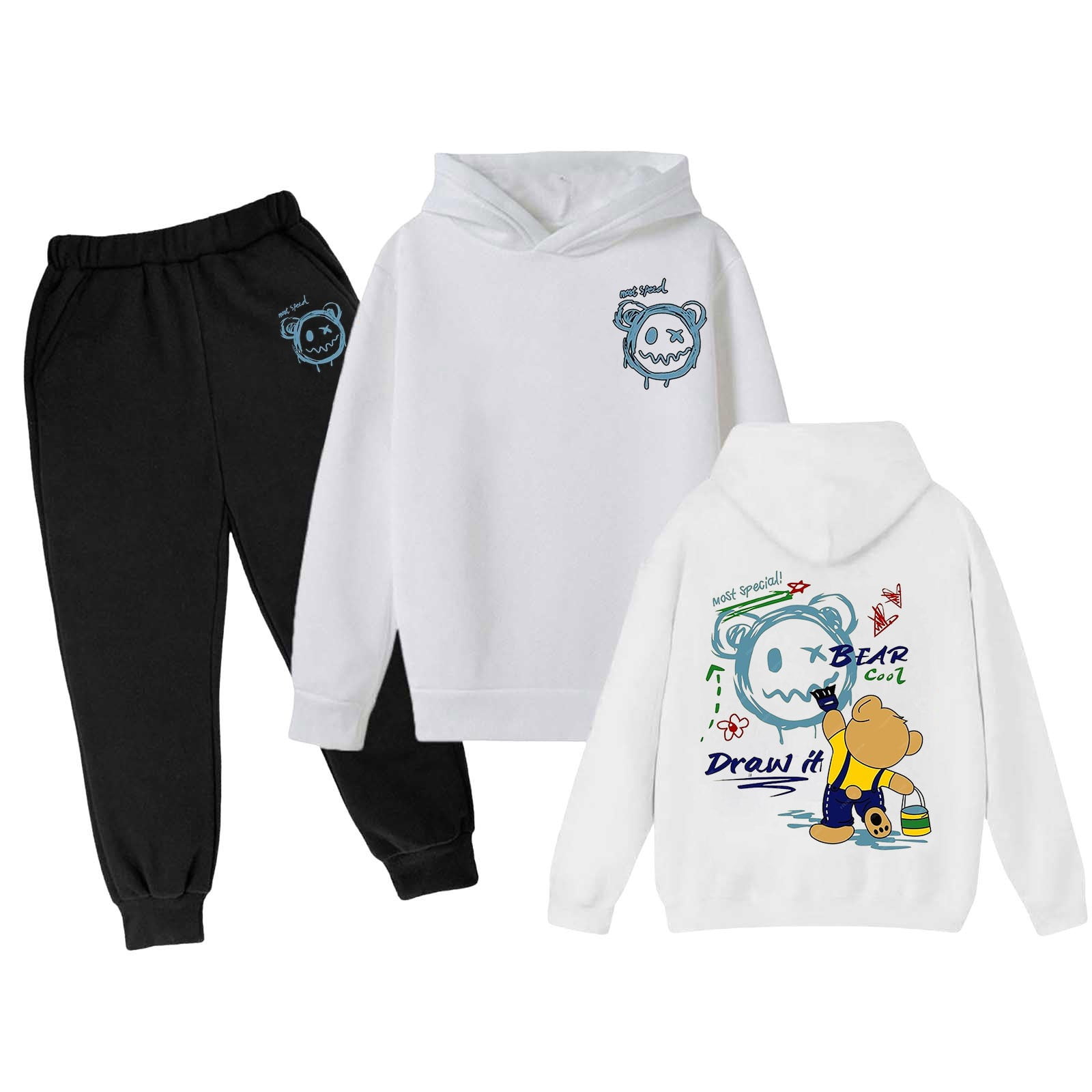 Baby Cartoon Bear Patched Graphic Hoodies Combo Solid Trousers Casual Sets