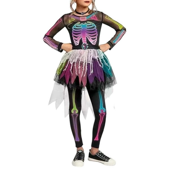 FYDUU Toddler Baby Girl Clothes Girls Halloween Outfit Skeleton Outfit Scary Bone Party Dress For Kids Toddler Girls Party Performance Jumpsuit 5-6 Years