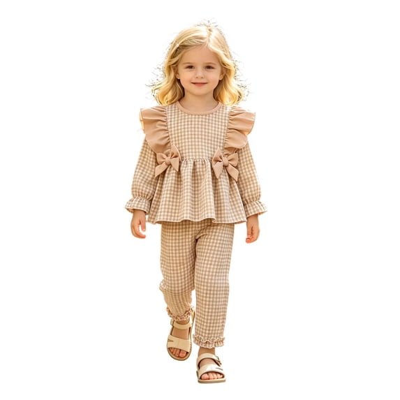 FYDUU Toddler Baby Girls Clothes Long Sleeve Plaid Bowknot Ruffle Shirt Tops Blouse Pants Set 2 Piece Casual Gingham Fall Outfits 3-4 Years