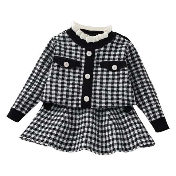 FYDUU Toddler Baby Girls Fall Outfits Plaid Long Sleeve Knitted Sweater Pullover Tops Pleated Mini Skirt Set Fashion Winter Clothes Trendy Winter Clothes