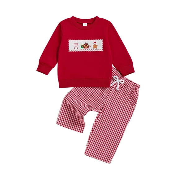 FYDUU Toddler Boy Christmas Outfit Santa Embroidered Crewneck Sweatshirt Pullover Plaid Gingham Pants Set Cute Fall Winter Holiday Clothes 18-24 Months