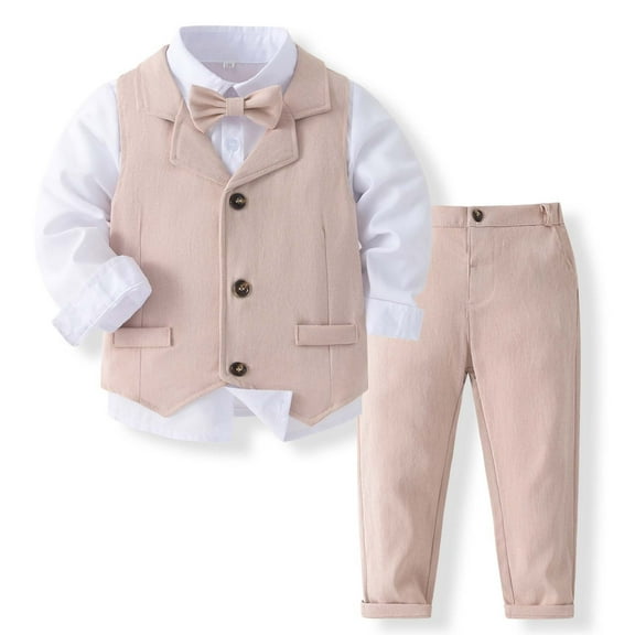 FYDUU Toddler Boy Clothes Suit Boys 4-Piece Formal Suit Set Long Sleeve Dress Shirt+Bowtie+Vest+Pants Suit Kids Gentleman Outfits 3-4 Years