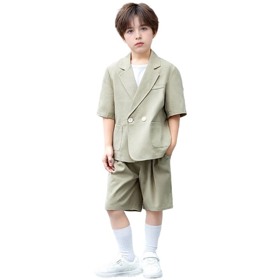 FYDUU Toddler Boy's Casual Suit Set 2 Pieces Summer Outfits Short Sleeve Suit Jacket And Shorts Set Kids Beach Wedding Tuxedo Suits Handsome Fashion 7-8 Years
