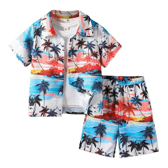 FYDUU Toddler Boys Hawaiian Outfit 2Pcs Set Summer Beach Button Down Short Sleeve Shirt Shorts Two Piece Set For Kids Playwear 5-6 Years