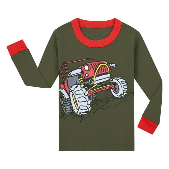 FYDUU Toddler Boys Pajama Set 2 Piece Sleepwear Cartoon Green Dinosaur Print Long Sleeve Tops Pants Pajamas Children's Homewear Soft Comfy Home Wear For 6-7 Years