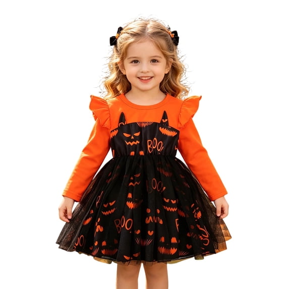 FYDUU Toddler Girls Halloween Tulle Dress Bat Pumpkin Print Long Sleeve Tutu Dresses Baby Girl Princess Dresses Cute Holiday Party Fall Clothes 2-3 Years