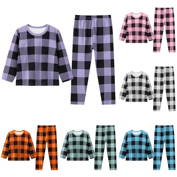 FYDUU Toddler Kids Boys Girls Plaid Pajamas Fall Winter Long Sleeve Top and Pants Snug Fit Soft Sleepwear Loungewear 2 Piece Set 6-7 Years