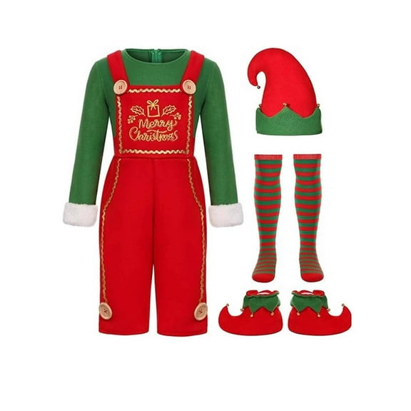 FYDUU Toddler Kids Christmas Outfits Set Boys Girls Santa's Helper Elf Outfit For Kids Xmas Holiday Party Outfit Hat Socks 4 Pcs Performance Dress Up 2-3 Years
