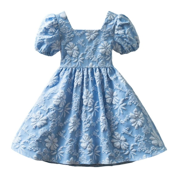 FYDUU Toddler Summer Dresses For Girls Elegant Dress With Puff Sleeves And Bowknot Back Parties Beach School Casual Outings Handsome Fashion 3-4 Years