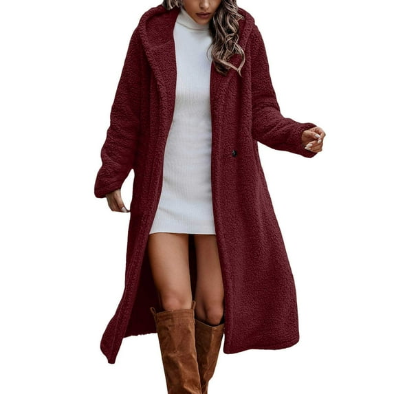 FYDUU Winter Jackets For Women Thicken Warm Fuzzy Fleece Jacket Hooded Cardigan Collar Long Trench Coat Fluffy Cozy Outerwear Trendy Streetwear