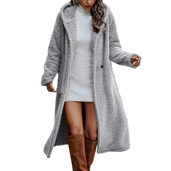 FYDUU Winter Jackets For Women Thicken Warm Fuzzy Fleece Jacket Hooded Cardigan Collar Long Trench Coat Fluffy Cozy Outerwear Versatile Jacket Coat