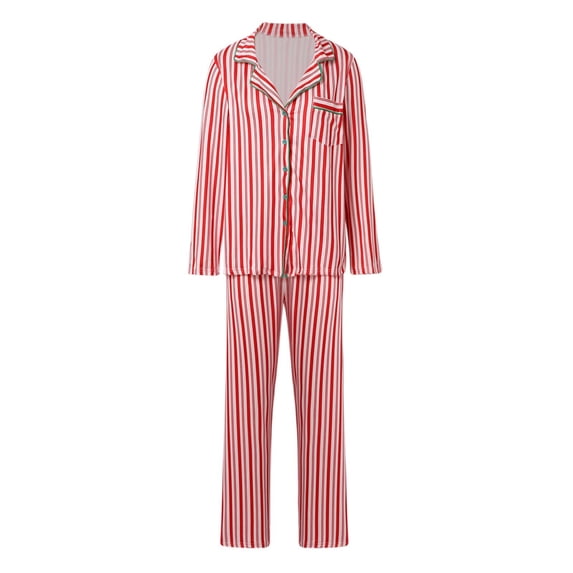FYDUU Women Christmas 2 Piece Pajamas Set Striped Printed Long Sleeve Button Down Shirt And Pants Sleepwear Christmas Family Pajamas Matching Sets Dailywear