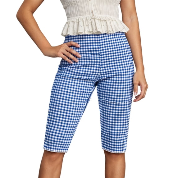 FYDUU Women Gingham Capris Leggings Casual Knee-Length Checkered Leggings Shorts Slim Fit Plaid Short Pants Soft Stretchy Cropped Trousers Comfort Fit Pants