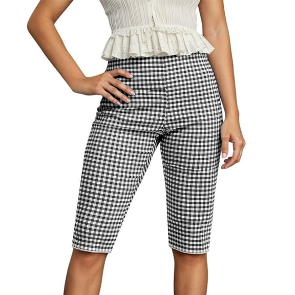 FYDUU Women Gingham Capris Leggings Casual Knee-Length Checkered Leggings Shorts Slim Fit Plaid Short Pants Soft Stretchy Cropped Trousers Trendy Trouser