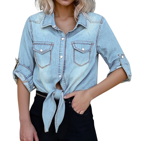 FYDUU Women's 3/4 Sleeve Denim Shirts Knotted Tie Front Denim Shirt Half Sleeves Denim Crop Top Dressy Casual Button Jean Blouse With Pockets Casual Dressy Blouses
