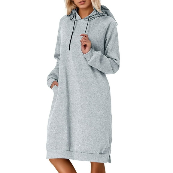 FYDUU Women's Casual Oversized Sweatshirt Dress Knee-Length Solid Color Fall Fashion Long Sleeve Split Hem Hoodie Dress Trendy Fall Jacket Coat GY1