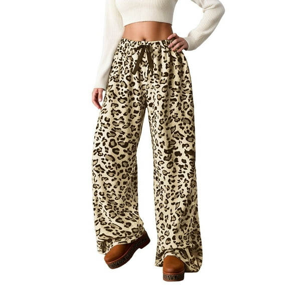FYDUU Women's High Waisted Pants Leopard Pants Women Fuzzy Pajama Pants Drawstring Elastic Waist Wide Leg Pants Trousers Casual Comfy Pant
