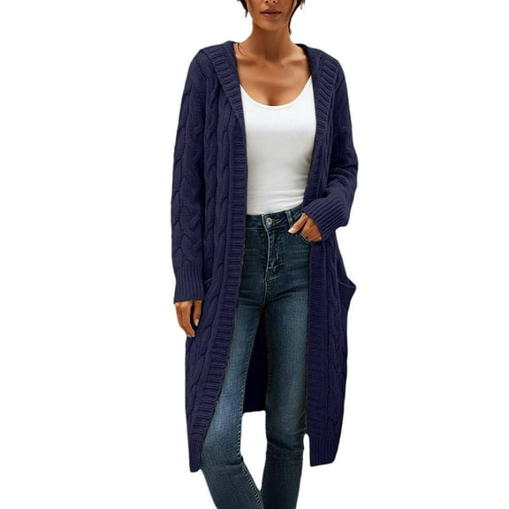 FYDUU Women's Long Cardigan Coats Plus Size Hooded Cardigan Sweater Open Front Cardigans Warm Hooded Outwear Coat With Pockets Daily Casual Jackets