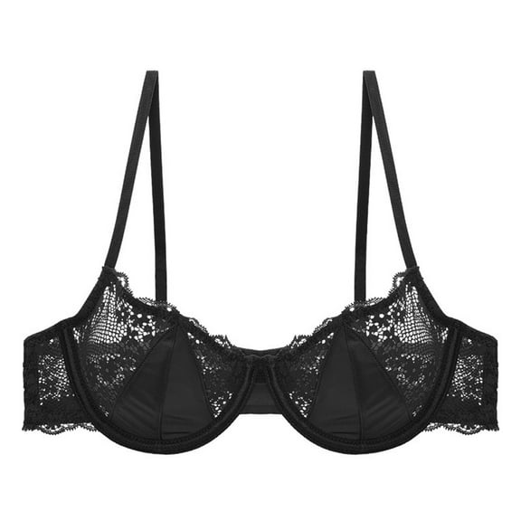 FYDUU Women's Sexy Lace Push Up Plus Size Bra Sheer Balconette Underwire Unlined Half Cup Lace Bra Comfortable Tshirt Bralette /Black