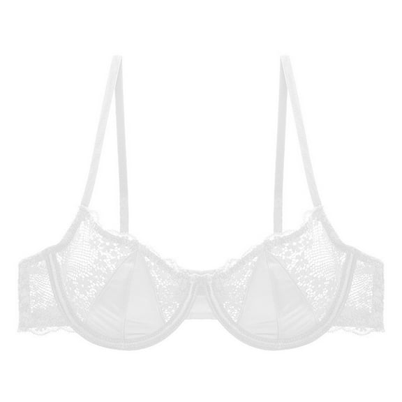 FYDUU Women's Sexy Lace Push Up Plus Size Bra Sheer Balconette Underwire Unlined Half Cup Lace Bra Sport Bras Workout Yoga Bra /White