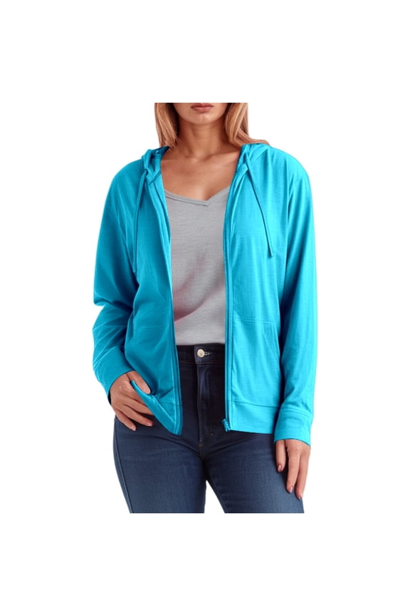 Women's Slub Knit Full-Zip Hoodie Lightweight Zip Up Hoodies For Women Hooded Sweatshirts Long Sleeve Thin Jacket Fashion Fall Clothes Tops Blue