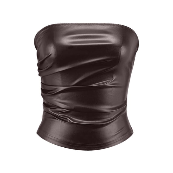 FYDUU Women's T Shirt Fall Tops Women Leather Tube Top Ruched Strapless Tops Club Party Rave Top Going Out Corset Top Comfort Fit Tee Shirt