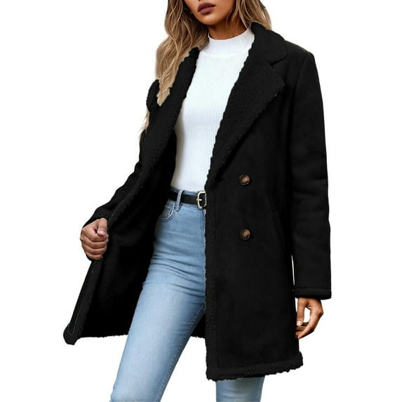 FYDUU Women's Thicken Fleece Lined Winter Coat Notched Lapel Mid-Long Overcoat Button Down Fleece Jacket Warm Hooded Pea Coat Casual Jacket Coats