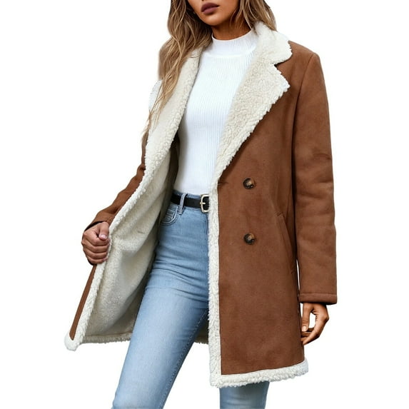 FYDUU Women's Thicken Lined Winter Coat Notched Lapel Mid-Long Overcoat Button Down Jacket Warm Hooded Pea Coat Daily Casual Jackets