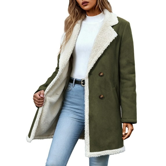 FYDUU Women's Thicken Lined Winter Coat Notched Lapel Mid-Long Overcoat Button Down Jacket Warm Hooded Pea Coat Quilted Outerwear