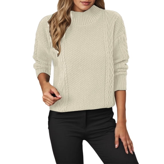 FYDUU Womens Cable Knit Sweaters Loose Knit Pullover Sweater High Neck Pattern Short Front Long Back Slit Hem Sweater Tops Blouses Casual Dress Sweaters