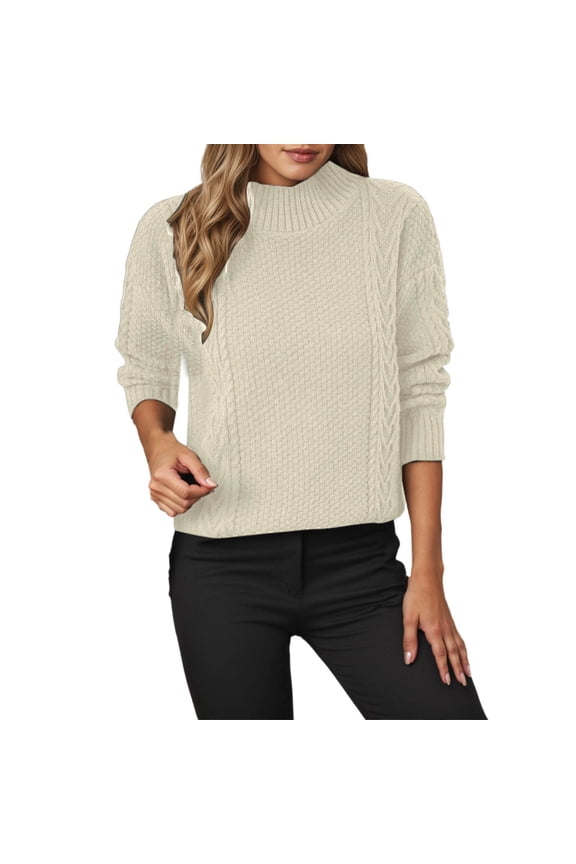 Womens Cable Knit Sweaters Loose Knit Pullover Sweater High Neck Pattern Short Front Long Back Slit Hem Sweater Tops Blouses Casual Dress Sweaters