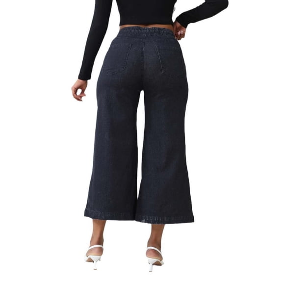FYDUU Womens Jeans Denim Pants Capri Jeans For Women Wide Leg High Waisted Pull On Stretchy Jeans Cropped Elastic Waist Denim Pants Trendy Fall Jeans