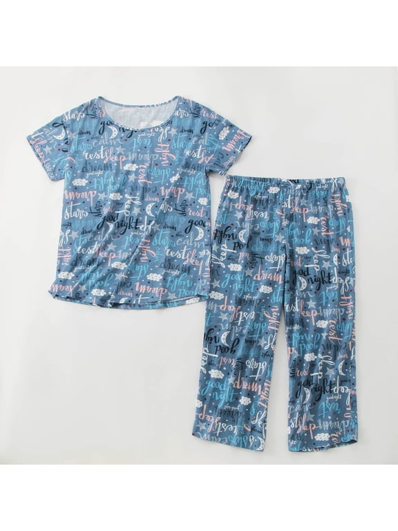 Womens Pajama Sets Short Sleeve Crewneck Tops and Capri Pants 2 Piece Loungewear Set Soft Comfy Pajamas Sleepwear Fall Clothes Comfy Sleepwear