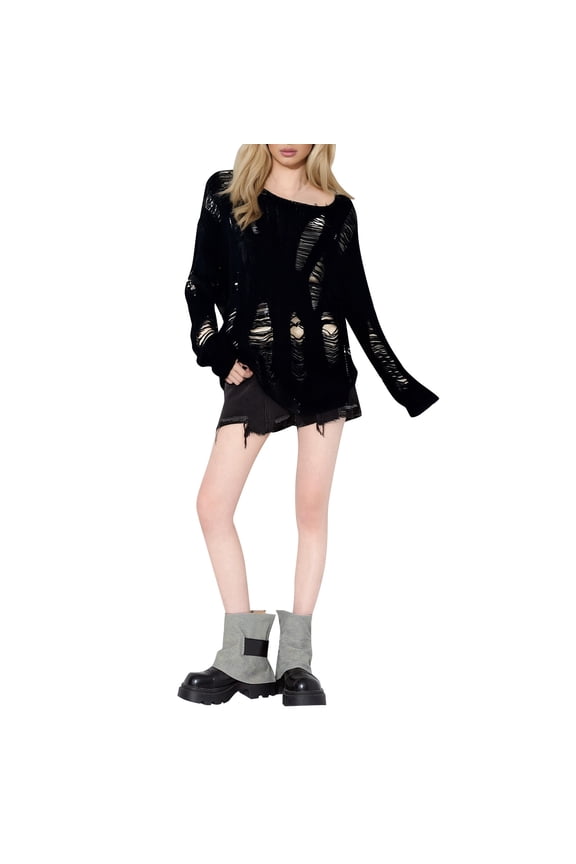 Womens Sweaters Fashion Women's Hollow Out Ripped Sweater Goth Dark Style Fall Winter Gothic Sweaters Long Sleeve Round Neck Tops Versatile Sweaters