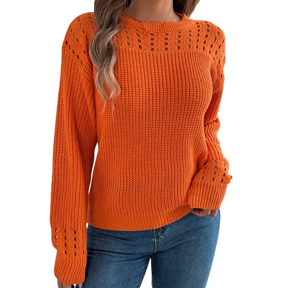 FYDUU Womens Sweaters Pullover Tops 2025 Casual Solid Color Hollow Out Long Sleeve Knit Sweater Crewneck Tops Fashion Women's Wear Comfy Pullover Sweaters
