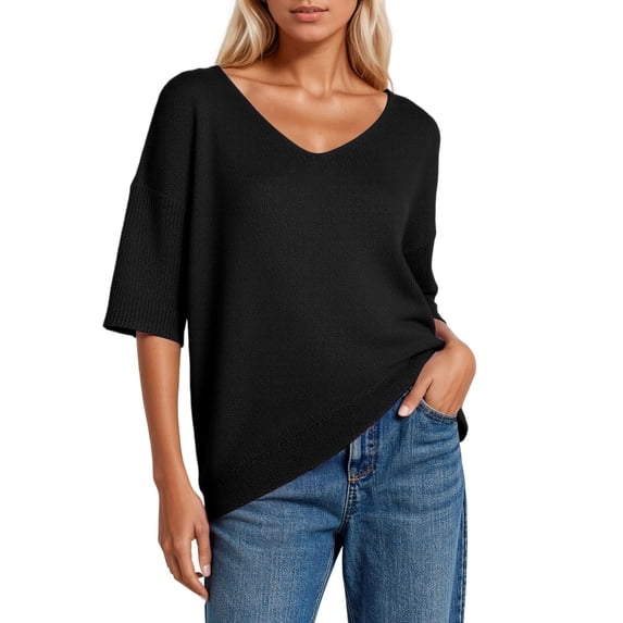 FYDUU Womens Sweaters Soft Tops Women's Casual Knit Sweater Basic Loose Fit V Neck 3/4 Sleeve Shirts Solid Color Comfortable Soft Fashion Clothes Fall Slim Fit Blouses
