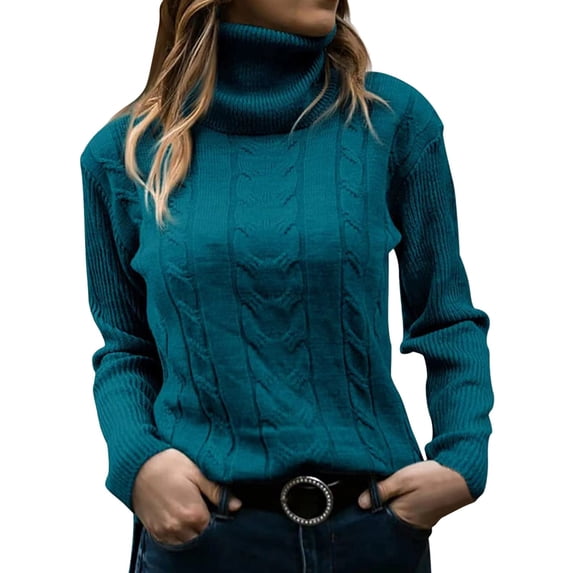 FYDUU Womens Sweaters Soft Tops Womens Turtleneck Long Sleeve Cable Knit Sweater Pullover Solid Color Slim Fit Casual Jumper Sweaters Temperament Sweater