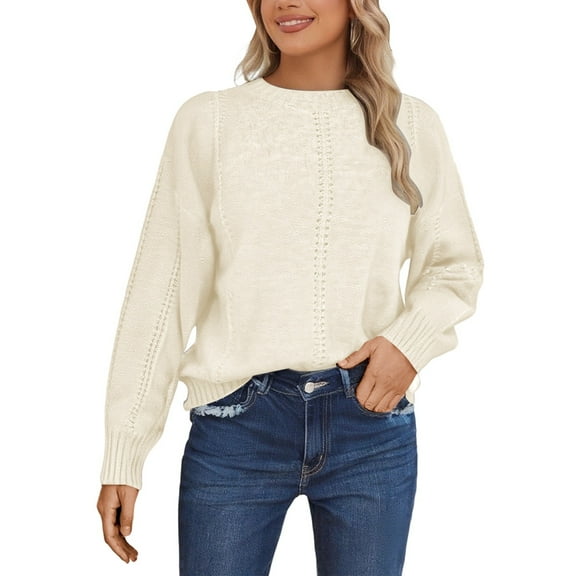 FYDUU Womens Sweaters Tops Trendy Women's Knitted Pullover Sweater Casual Loose Fit Hollow Out Round Neck Long Sleeve Shirts Autumn Comfortable Soft Top Knit Pullover Sweater
