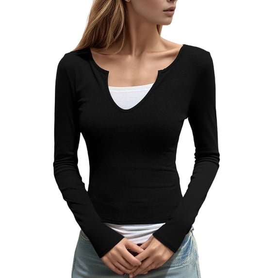 FYDUU Womens T Shirts Fashion Style Contrast Color Long Sleeve Slim Fit T Shirt Two Piece Top Casual Outing Daily Wear Regular-Fit Tee Shirt