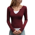 thumbnail image 1 of FYDUU Womens T Shirts Fashion Style Contrast Color Long Sleeve Slim Fit T Shirt Two Piece Top Casual Outing Daily Wear Trendy Basic Tee Tops, 1 of 4