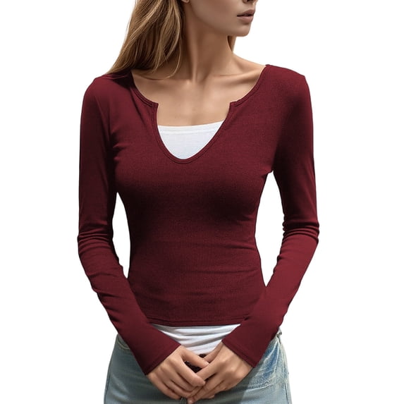 FYDUU Womens T Shirts Fashion Style Contrast Color Long Sleeve Slim Fit T Shirt Two Piece Top Casual Outing Daily Wear Trendy Basic Tee Tops