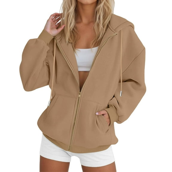 FYDUU Womens Zip Up Hoodies Oversized Sweatshirts 2025 Fall Trendy Long Sleeve Casual Y2K Hooded Jacket Hoodies Trendy Fall Tops Khaki