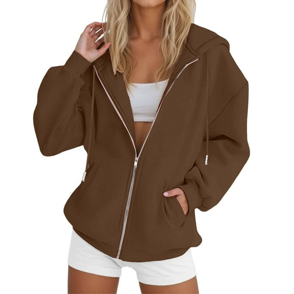 FYDUU Womens Zip Up Hoodies Oversized Sweatshirts Fashion Solid Color Long Sleeve Hooded Sweatshirt Casual Jackets Soft Casual Sweatshirts Tops Brown