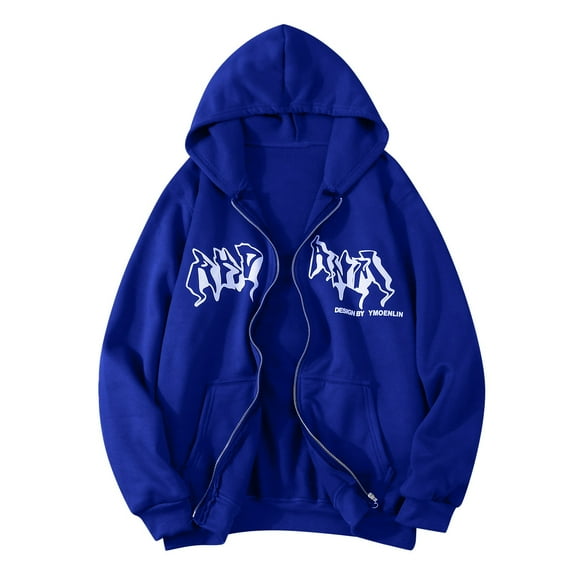 FYDUU Womens Zip Up Hoodies Sweatshirt Goth Print Hooded Jacket Fashion Casual Hoodie Jacket Tops Streetwear Casual Hoodies Sweatshirts Top Blue