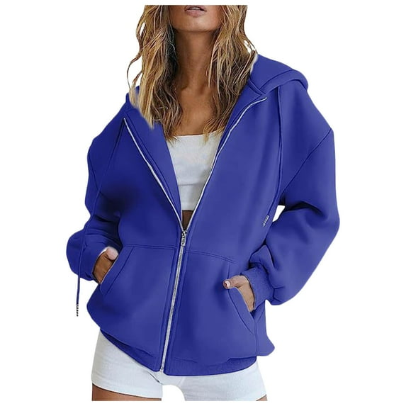 FYDUU Zip Up Hoodies Women Casual Solid Color Long Sleeve Hooded Sweatshirts Pockets Fall Fashion Jacket Coat Fall Fashion Hoodies Tops Blue