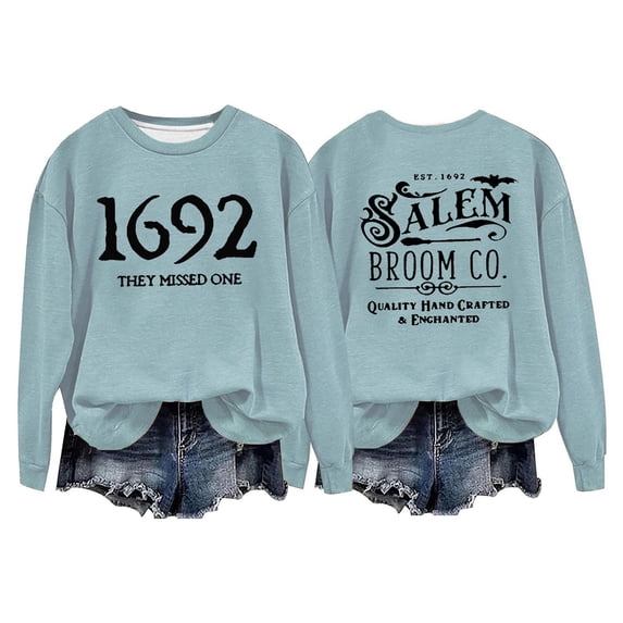 FYEGRE 1692 They Missed One Halloween Shirts for Women Salem Witch Long Sleeve Shirt Halloween Hocus Pocus Pullover Tops Light Blue S