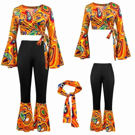 FYEGRE 1970s Disco Halloween Stage Performance Retro Printed Top and Flared Trousers Set for Women Party Outfit Orange L