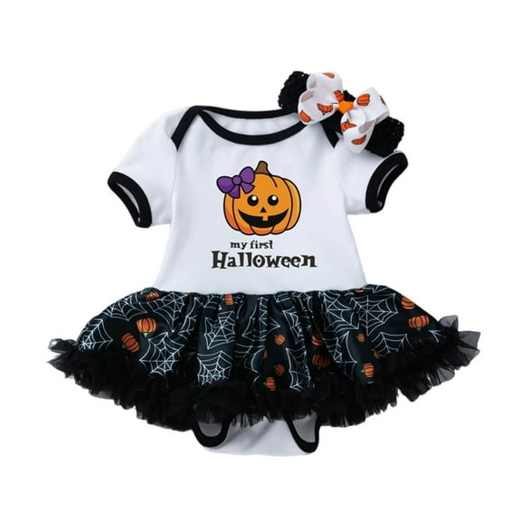 FYEGRE Adorable Baby Girl Printed Short Sleeve Romper Bodysuit Outfit with Headband for Spring Autumn Halloween Festive Wear Grey 6-12 Months