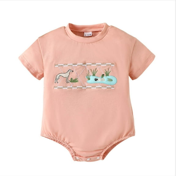 FYEGRE Adorable Embroidered Short Sleeve Romper for Girls Baby Bodysuit Outfit Pink 12-18 Months