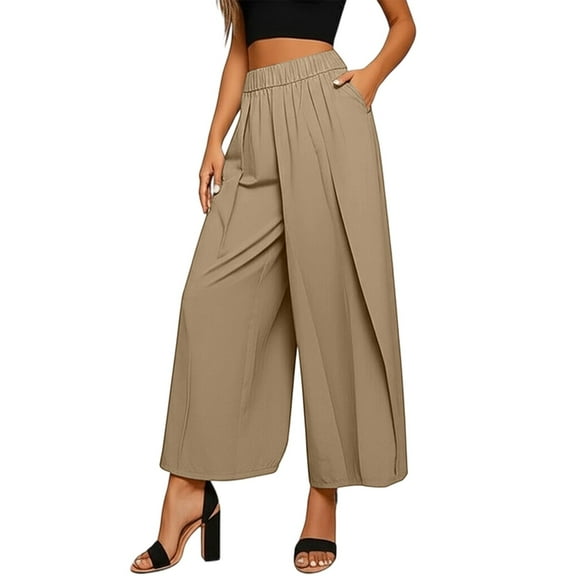 FYEGRE Ladies' Pants Elevated Everyday Wide Leg Trousers for Women Featuring an Elastic Waistband and Functional Pockets for Comfort and Khaki L